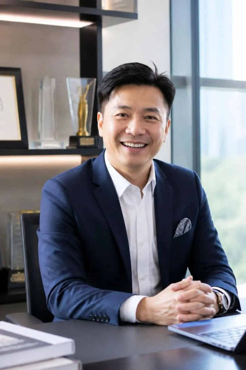 Smiling Malaysian business owner at his office desk