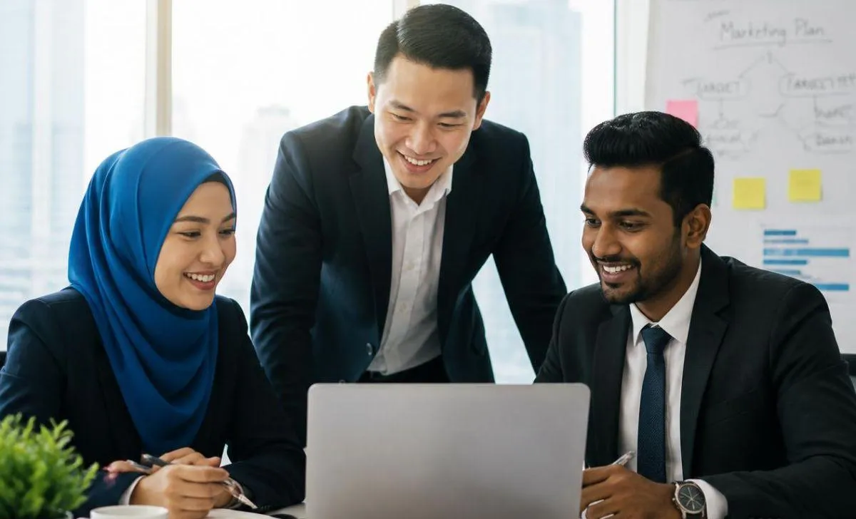 Three Malaysian business professionals reviewing a marketing plan together on a laptop